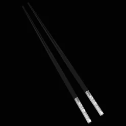 Paire de baguettes japonaises noires en bois et métal argenté