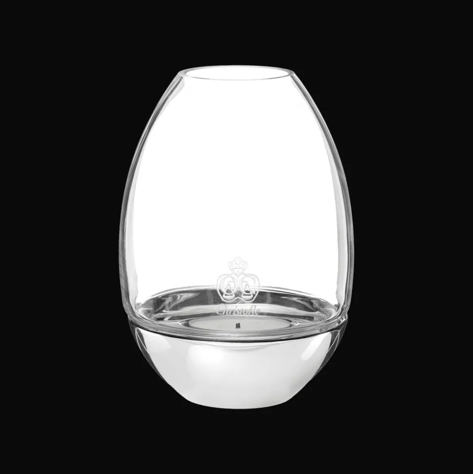 Photophore transparent en verre et socle en acier