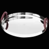 Plateau rond en acier poli miroir et anses en cuir - 40 cm